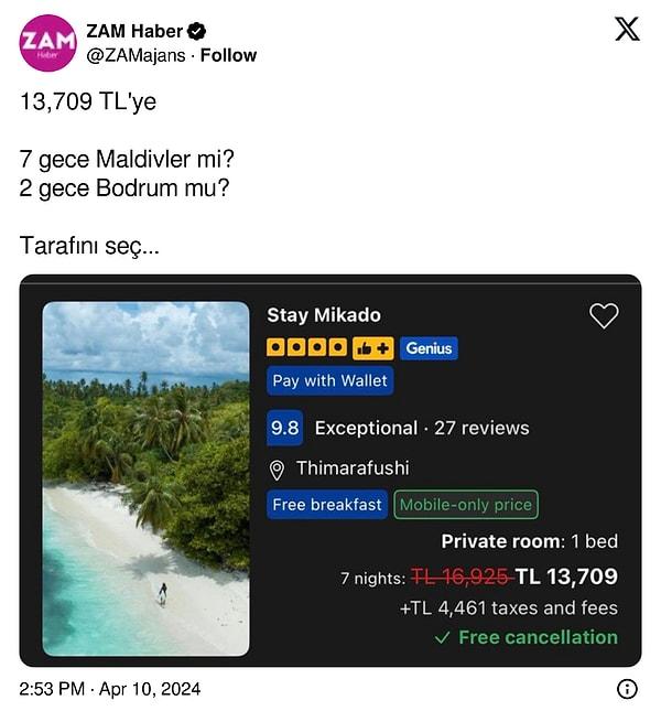 Başka bir paylaşımda da 2 gün Bodrum tatilinin 7 gün Maldivler tatiline eşdeğer olması yine sinirlerimizin ayarlarıyla oynadı.