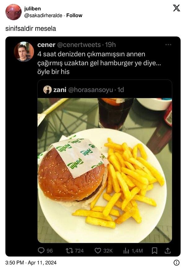 Bir sosyal medya kullanıcısının denizden çıktıktan sonra hamburger yemenin sınıfsal olduğunu söylemesi de timeline'ı resmen ikiye böldü.
