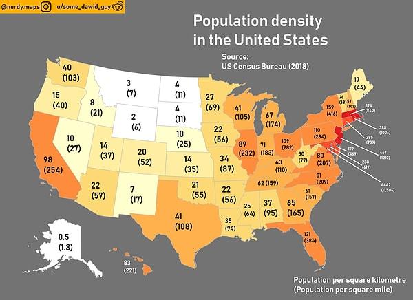 15. Amerika Birleşik Devletleri'nde eyaletlere göre nüfus yoğunluğu.