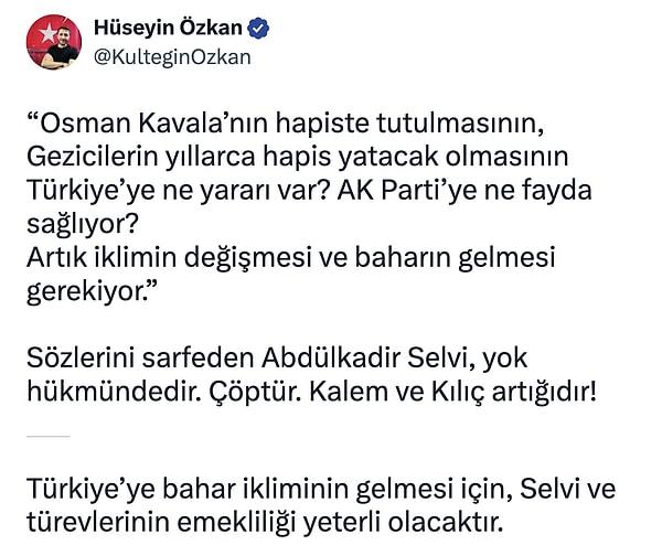 Yazıya Cumhur İttifakı tarafından en sert yanıt ise MHP Sosyal Medya Sorumlusu Hüseyin Özkan'dan geldi. Özkan Selvi için ağır ifadeler kullandı.