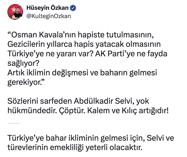 Yazıya Cumhur İttifakı tarafından en sert yanıt ise MHP Sosyal Medya Sorumlusu Hüseyin Özkan'dan geldi. Özkan Selvi için ağır ifadeler kullandı.