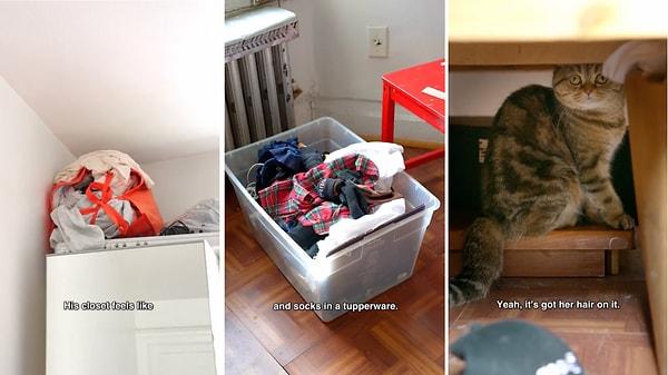 Dolabın dolaplıktan çıktığı, çamaşırların saklama kutusunda depolandığı bu odada bir de kedi yaşamaya çalışıyormuş.