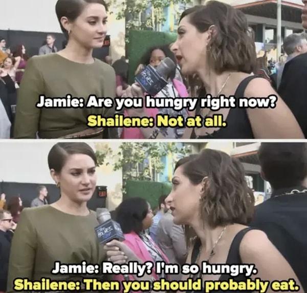 10. Ve son olarak, 2014 MTV Film Ödülleri'nden rezil ve viral bir anda, The Pete Holmes Show muhabiri Jamie Lee, Shailene Woodley'nin aç olması gerektiği konusunda garip bir şekilde ısrar etti.