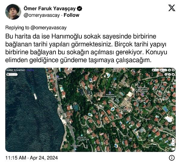 Hanımoğlu sokağının tarihi yapılarını da yine bir harita ile takipçileriyle paylaşan Yavaşçay, sokağın vatandaşlara açık olması gerektiğini de ifade etti.