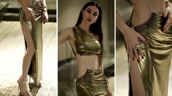 Defne Samyeli'nin giydiği altın renkli, parlak ve taş detaylı elbisesi bir yerlerde tanıdık geldi hepimize değil mi?