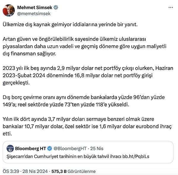 Mehmet Şimşek'in paylaşımının tamamı 👇