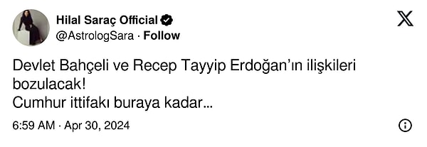 Paylaştığı gönderide 'Cumhur İttifakı buraya kadar' diyerek 'Devlet Bahçeli ve Cumhurbaşkanı Recep Tayyip Erdoğan'ın ilişkilerinin bozulacağını' dile getirdi.