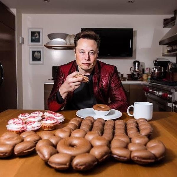 ABD filmlerinde göbekli polislerin vazgeçilmezi donut seven Musk, sabahları çok da sağlıklı görünmeyen bu yiyeceği yerken tamamını yemediği de aktarılıyor.