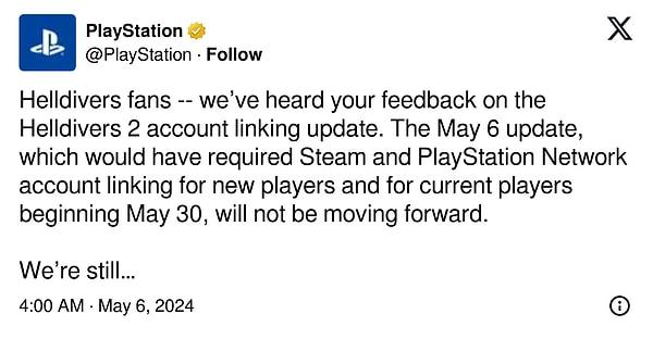 Kötü yorum bombardımanı ve Steam'in iadeleri süre gözetmeksizin kabul etmeye başlaması gibi sebeplerin ardından Sony'den Helldivers 2 PSN kararı için geri adım geldi.