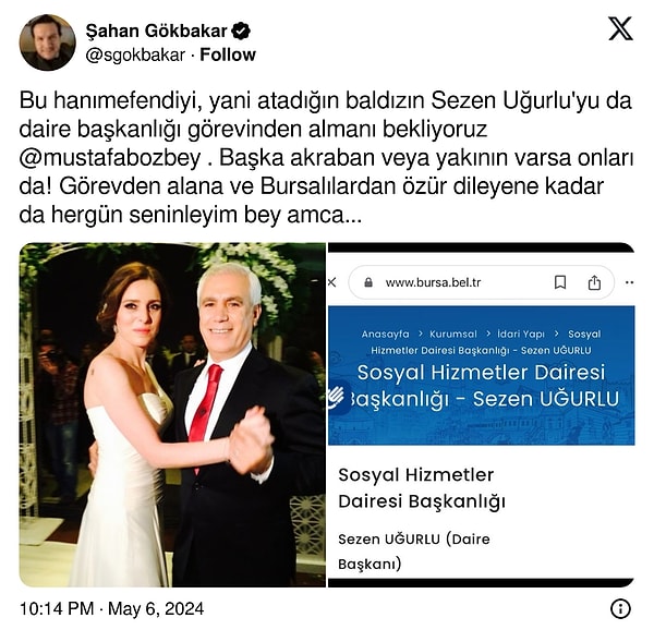 Paylaşımlarına devam eden Şahan Gökbakar, "Görevden alana ve Bursalılardan özür dileyene kadar da her gün seninleyim bey amca..." diyerek takipte kalacağını da duyurdu.