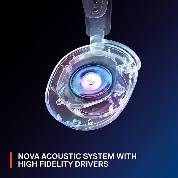 Nova 7 kablosuz kulaklık için özel olarak geliştirilmiş Nova ses sistemi, entegre HiFi sürücüleri sayesinde yüksek kaliteli oyun sesi sağlıyor.