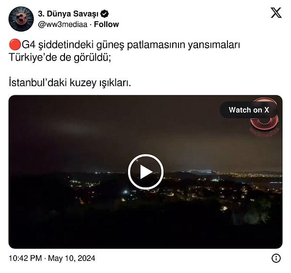 Twitter'da '3.Dünya Savaşı' adlı kullanıcı tarafından paylaşılan İstanbul'da kuzey ışıkları videosu da dikkat çekti.