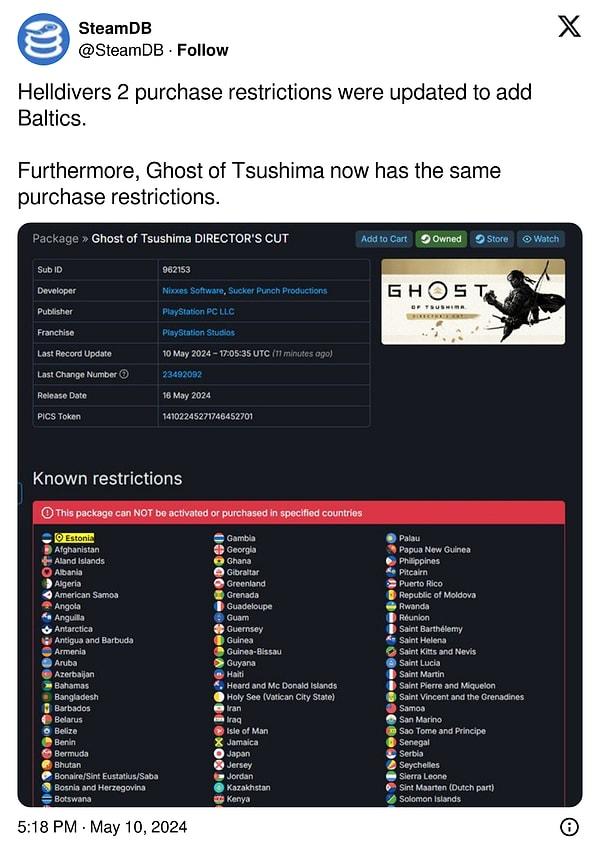 Ghost of Tsushima, PSN olmayan ülkelerde satıştan kalktı.