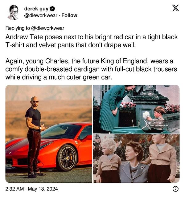 4. "Andrew Tate, parlak kırmızı arabasının yanında dar siyah bir tişört ve iyi örtmeyen kadife pantolonla poz veriyor."