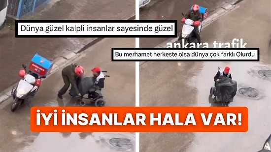 Yağmurda Islanmasın Diye Engelli Vatandaşın Dizlerini Poşetle Örten Motokurye Gönülleri Fethetti