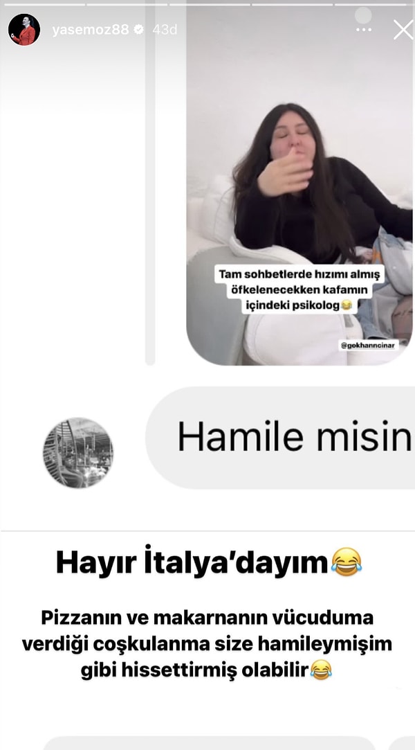 Şimdilerde yurt dışında tatilde olan Sakallıoğlu'na takipçilerinden "hamile misin?" sorusu geldi. Ünlü komedyen yine kendi tarzı tarzıyla yanıt vererek "İtalya'dayım" yanıtıyla kahkaha attırdı.