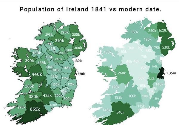 2. 1845 ve günümüzde İrlanda'nın popülasyon dağılımı.