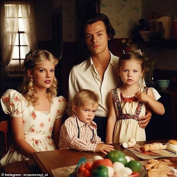 Dikkat çeken tasarımlar arasında, Taylor Swift ve eski erkek arkadaşı Harry Styles'ın 1960'lardan kalma kıyafetler giyen iki çocukları ile birlikte bir portresi yer alıyor.
