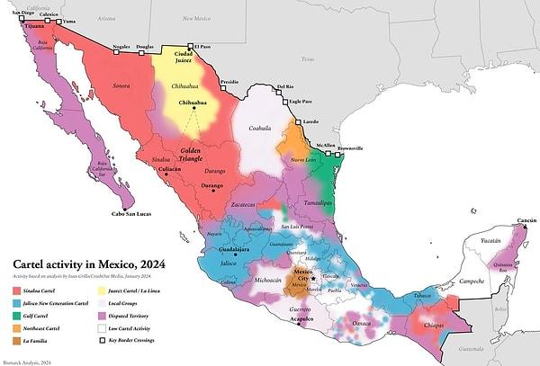 1. Meksika'daki uyuşturucu kartellerinin haritası.