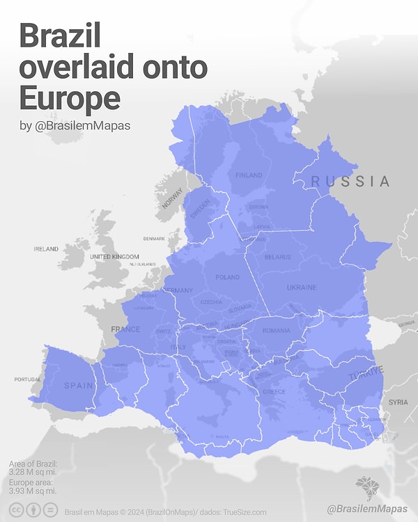 3. Brezilya ve Avrupa'nın boyutları karşılaştırılırsa.