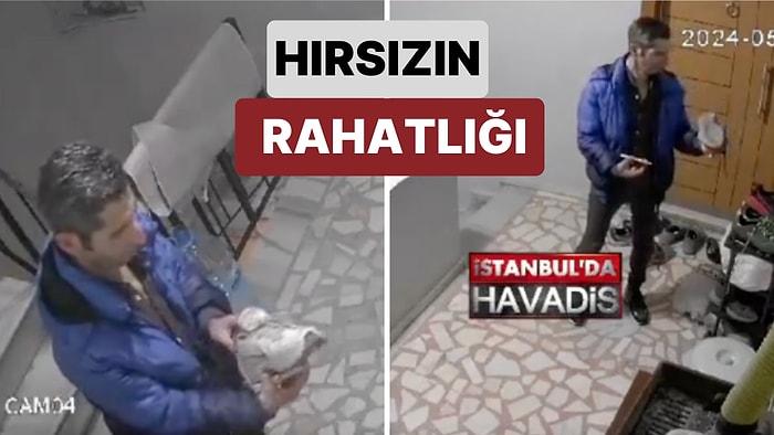 Bu Nasıl Rahatlık? İstanbul'da Bir Hırsız Girdiği Binadan Çalacağı Ayakkabıları Mağazadan Seçer Gibi İnceledi
