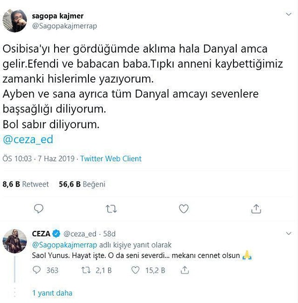 2019 yılında Ceza'nın babası vefat ettiğinde Sagopa Kajmer de Ceza'ya Twitter hesabından yaptığı bir paylaşımla başsağlığı dilemişti.