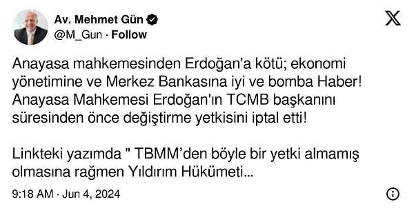 Avukat Metin Gün, sosyal medya hesabından karara dair paylaşım yaptı.