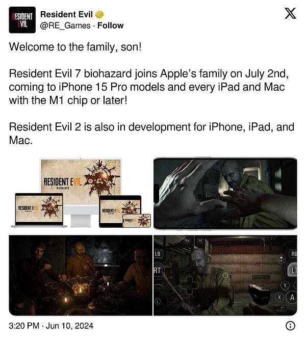 Resident Evil 7 Apple cihazlara geliyor.