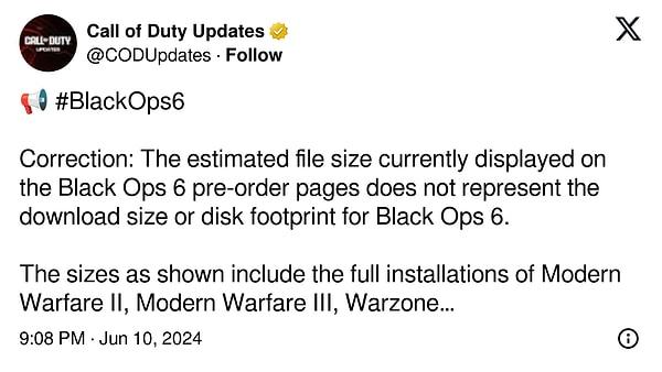 Activision Black Ops 6'nın dosya boyutunun 300 GB'ı aşacağı haberlerini yalanladı.