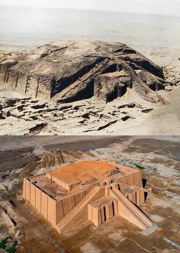 15. Yaklaşık 4000 yıl önce Neo-Sümer İmparatorluğu Kralı Ur-Nammu tarafından Ay Tanrısı Nanna'ya ithafen inşa edilen Büyük Ur Zigguratı'nın kazı ve restorasyonundan öncesi ve sonrası.