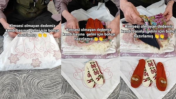 'eldeemekgozdenur' isimli Instagram hesabından yaşlı bir amcanın gelini için hazırladığı çeyiz bohçasını anlattığı görüntüler yer aldı.