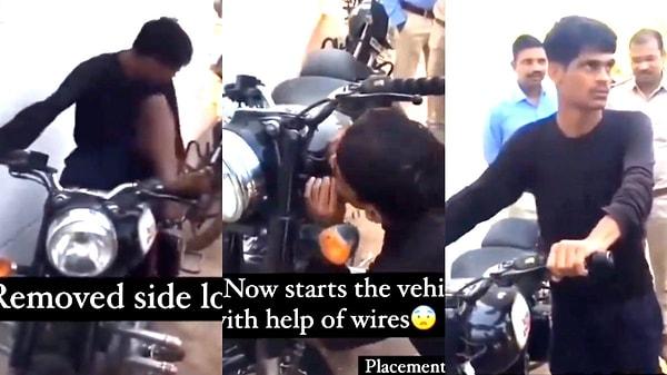 Pakistan'da motosiklet hırsızlığı suçundan yakalan bir kişi, polisin isteği üzerine hırsızlık yöntemini kameralara gösterdi.