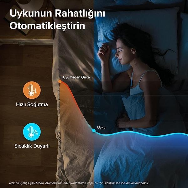 Levoit kule fan gelişmiş uyku modu sayesinde siz uyurken ekran ışıklarını kapatıyor ve fan hızını da uyku aşamalarınıza göre yavaşça ayarlıyor.