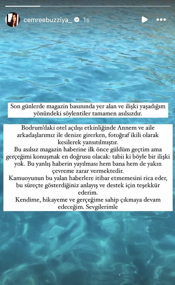 Erdoğan'la ilişki yaşadığı yönündeki haberleri yalanlayan Cemre Ebüzziya "annem ve aile arkadaşlarımız ile denize girerken, fotoğraf ikili olarak kesilerek yansıtılmıştır" ifadelerini kullandı.