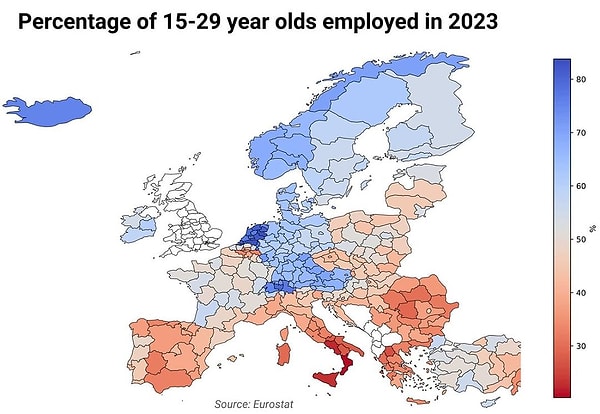 2. 2023 yılında Avrupa'daki 15-29 yaş aralığındaki genç kesimin bir iş yerinde çalışma oranları.