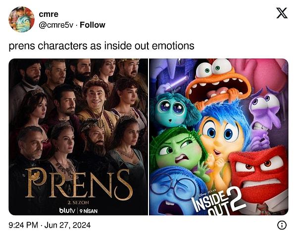 X'te @cmre5v adlı bir kullanıcı, BluTV'nin çok sevilen dizisi Prens'in karakterlerini 'Inside Out 2' filmindeki duygularla eşleştirmiş. Gelin bu eşleştirmeye olmuş mu diye hep birlikte bakalım.