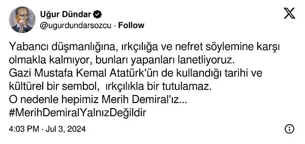 Uğur Dündar da kurt sembolünü Atatürk'ün de kullandığını, ırkçılıkla bir tutulmayacağını sözlerine ekledi.