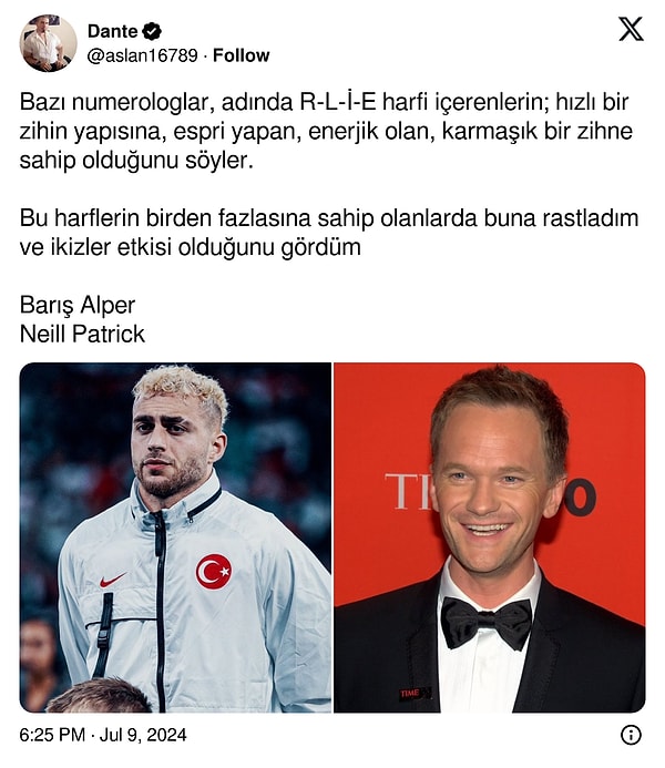 Dante kullanıcı adlı astrolog, sosyal medya platformu X üzerinden yaptığı paylaşımla, adında R-L-İ-E harfi içerenlerin özelliklerinden söz etti.