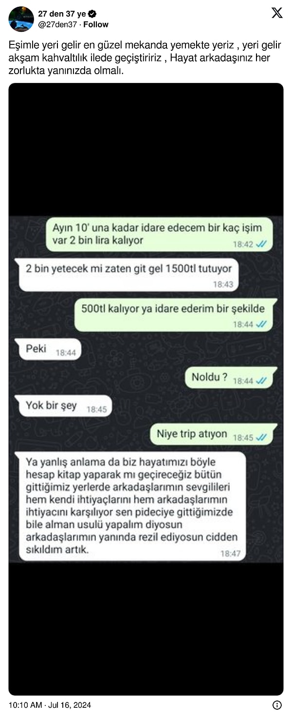 WhatsApp mesajlarında genç kızın, sevgilisinin restoranda Alman usulü hesap ödemesine olan tepkisi sosyal medyada geniş yankı uyandırdı.