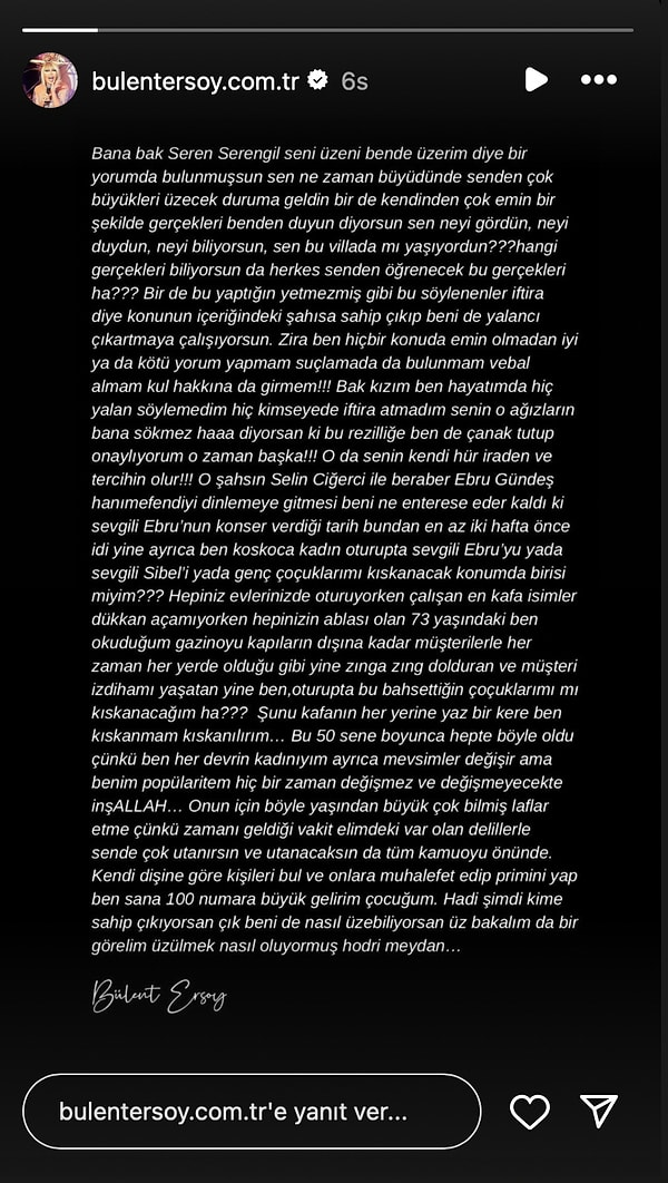 Bu açıklamayı gören Bülent Ersoy durur mu? Tabii ki durmadı ve özellikle Serengil'in "Tolgahan'ı üzeni ben de üzerim" açıklamasına takılan Ersoy, Serengil'e sert çıkıştı 👇🏻