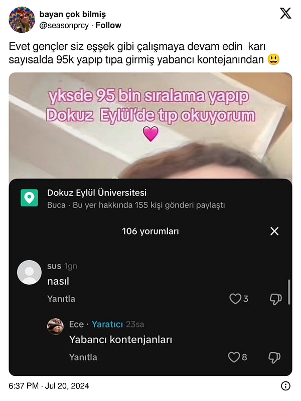 YKS sonuçlarıyla ilgili tartışmalar sosyal medyada sık sık gündeme geliyor. Son olarak, 95 bininci sıradan Yabancı Uyruklu Öğrenci Kontenjanı ile Tıp Fakültesine yerleştiğini söyleyen genç kadın tartışma başlattı.👇