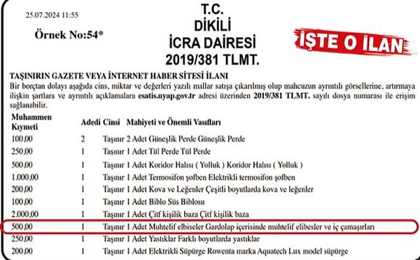 Öztürk, icra yoluyla “Ev eşyaları dekorasyon malzemeleri” denilerek satışa çıkarılan eşyaların listesini de paylaştı: