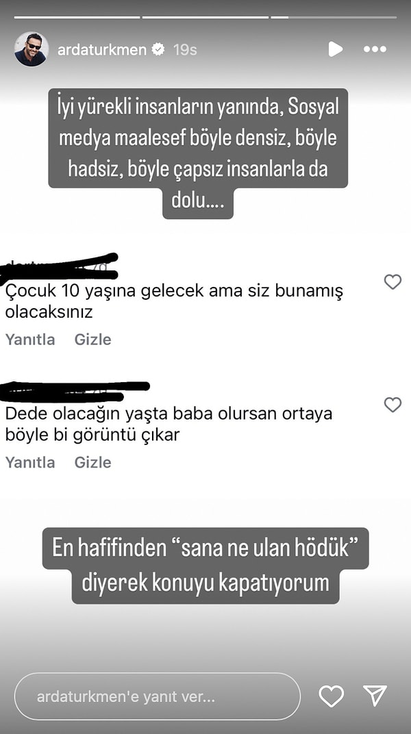 Ünlü şef, gelen yorumları Instagram hesabında paylaşarak "İyi yürekli insanların yanında sosyal medya maalesef böyle densiz, böyle hadsiz, böyle çapsız insanlarla dolu" notunu düştü.