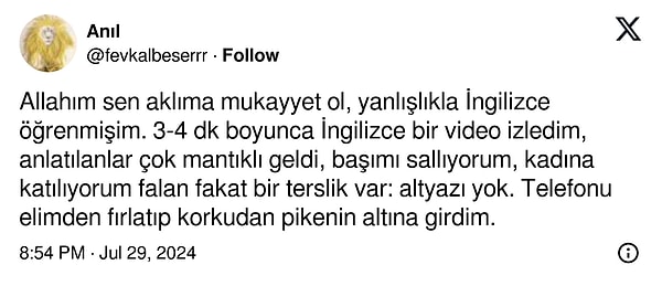 Kullanıcı, videoyu altyazı olmadan izlerken, anadilinin ötesinde bir dil yeteneği fark ettiğini şu sözlerle anlattı.👇