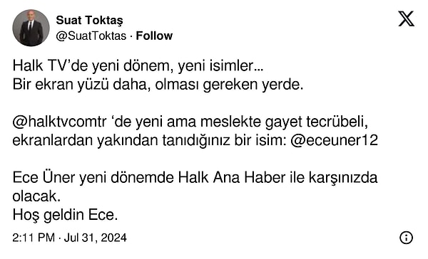 Toktaş X hesabından yaptığı duyuruda "Bir ekran yüzü daha, olması gereken yerde." ifadelerini kullandı.