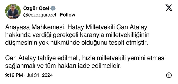 CHP Genel Başkanı Özgür Özel’in karar sonrası paylaşımı 👇