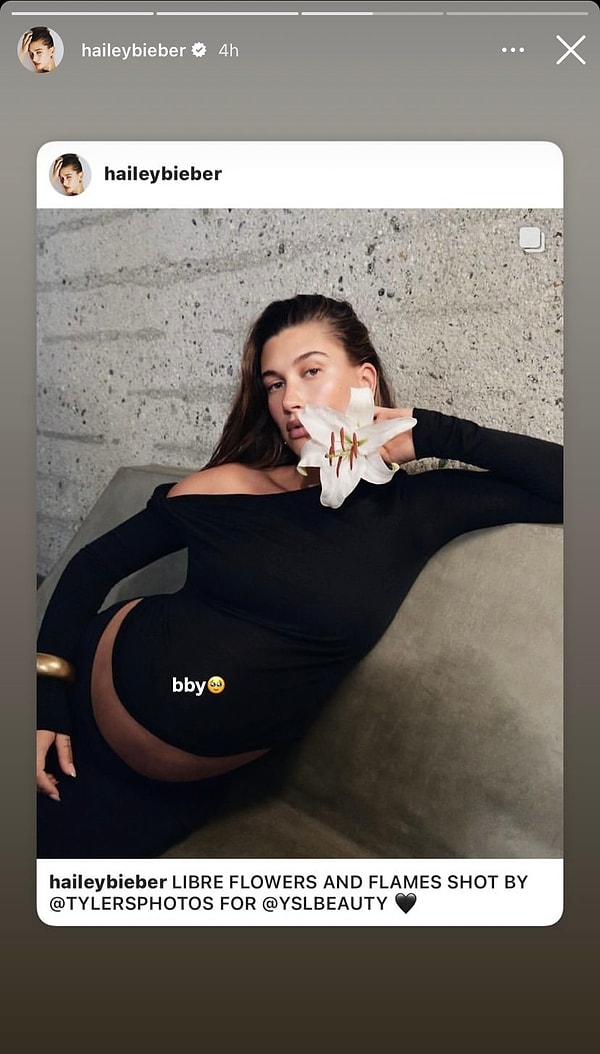 Karnı burnunda Hailey Bieber çiçekli pozlar verdi.