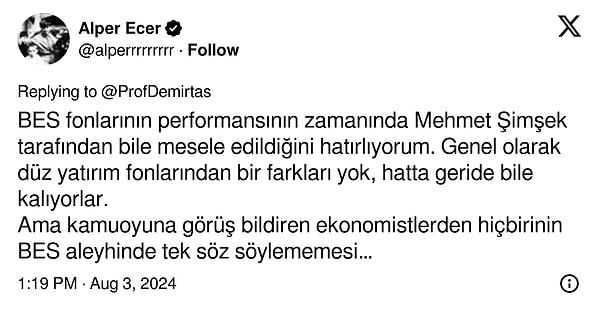 Bir başka yorumda da BES'e eleştiri getiren bir takipçi, ekonomistlerle ilgili de görüşlerini paylaştı