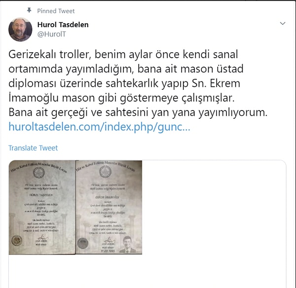 Belgenin, eski bir mason üyesi olan Hürol Taşdelen'e ait olduğunu teyit.org şu şekilde açıklamış: