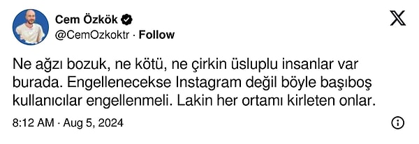 Sosyal medyada temizlik videolarıyla ünlenen Özkök, Twitter (X) hesabından şöyle bir tweet atarak hem Instagram'ın kapatılmasına hem de Twitter'daki küfürlü tweetlere şu sözlerle isyan etmişti👇